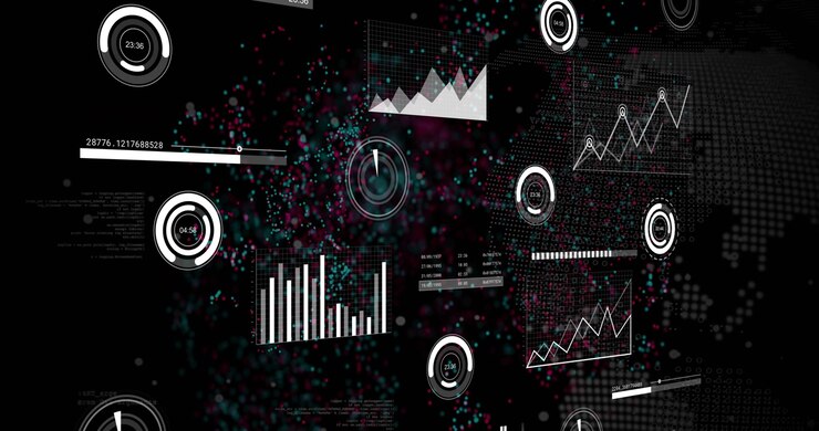 On opening ring timers pulsing labels sliding clouds merging and charts rising visualizing metrics