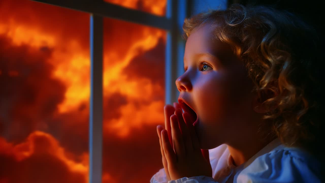 Un bambino guarda fuori dalla finestra un cielo spettacolare al crepuscolo, catturando un momento di innocenza e meraviglia mentre splendidi colori illuminano le nuvole al tramonto, evocando un senso di curiosità e immaginazione