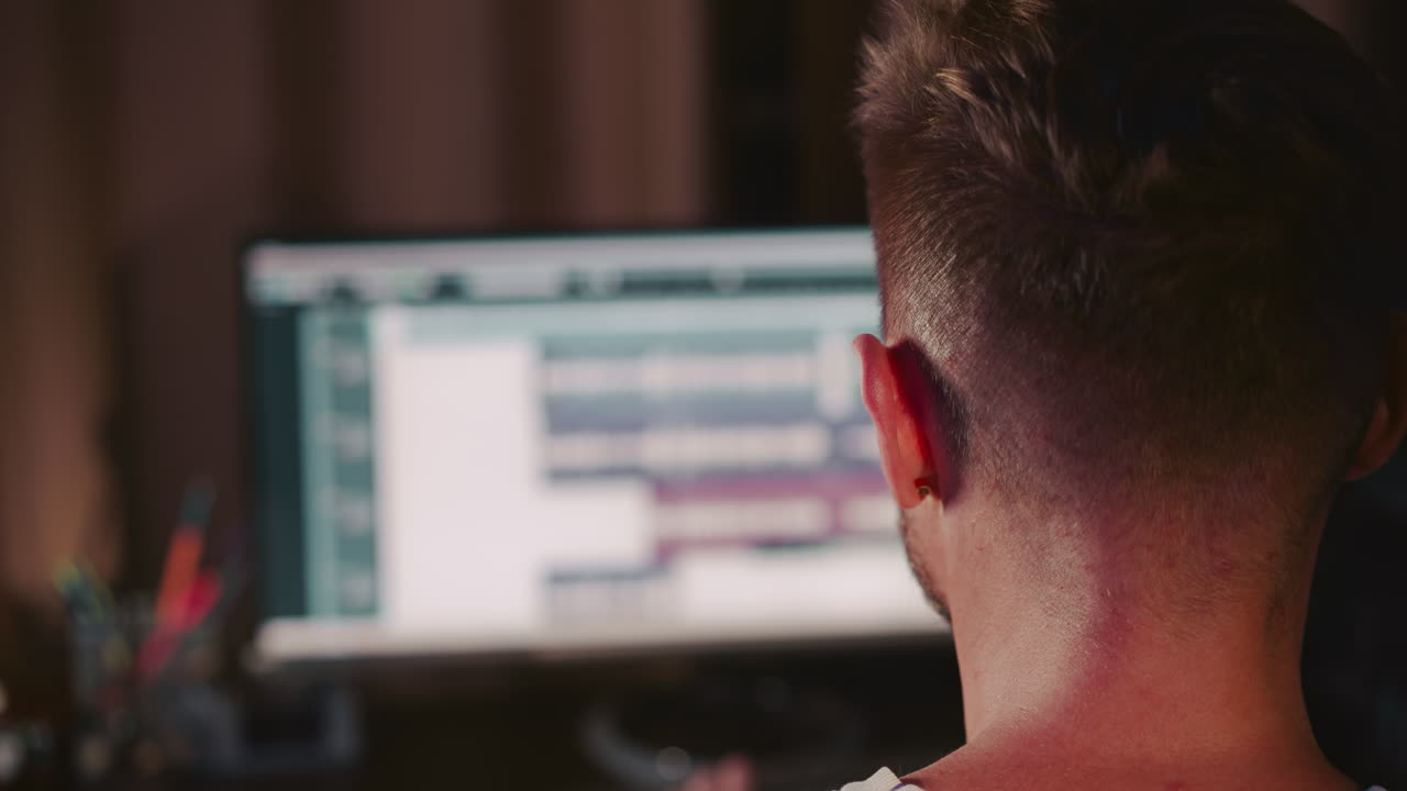 el director de sonido trabaja en la computadora mezclando sonido en el estudio de grabación. el artista revisa la pista de sonido con equipos digitales en el lugar de trabajo. el autor de música crea éxitos