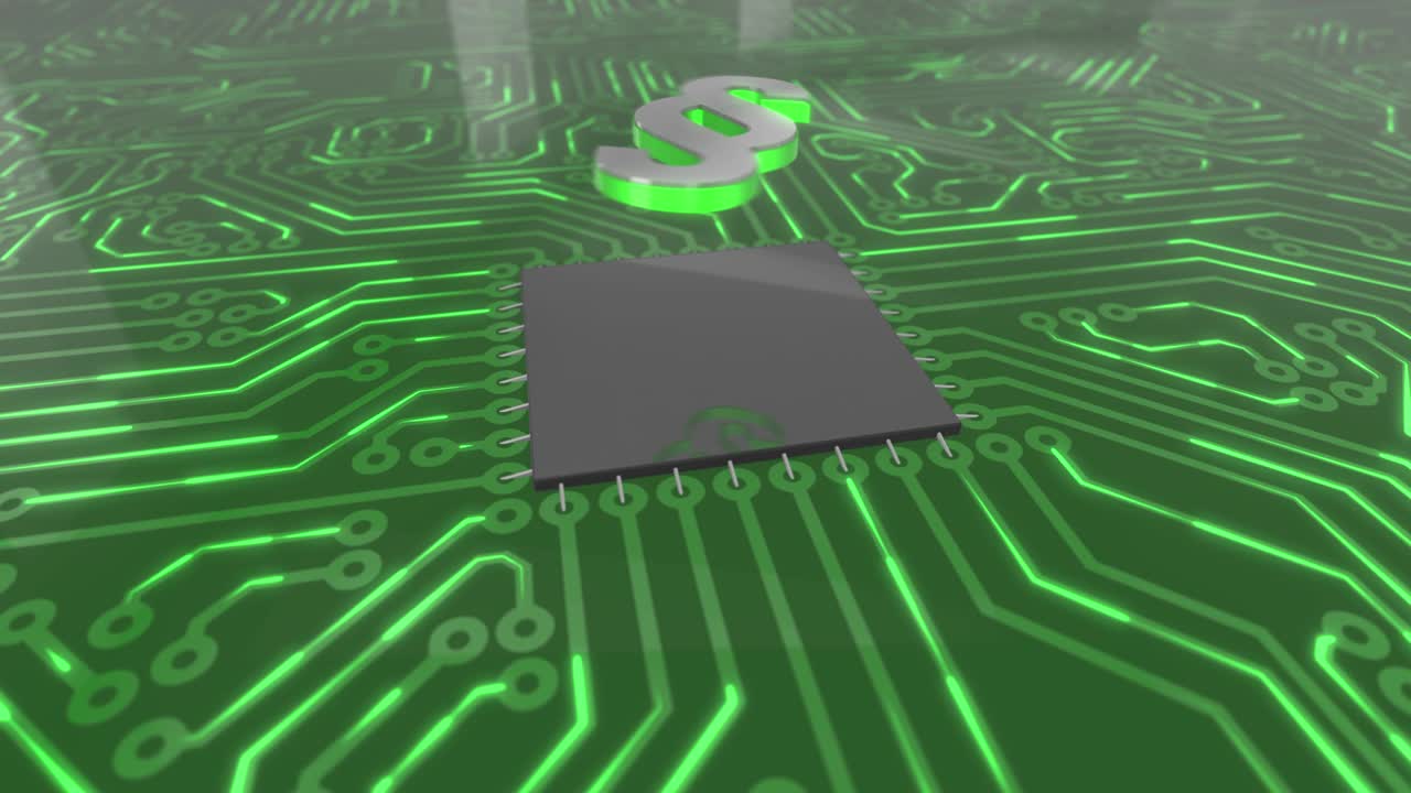 Dark green rotating computer circuit board concept law loop 4K
