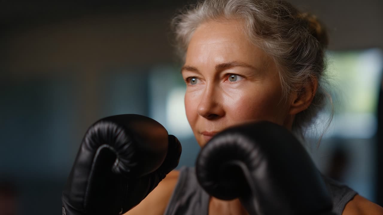 Atleta concentrado preparándose para el combate: una mirada al espíritu decidido de un boxeador sénior entrenando en un entorno de fitness
