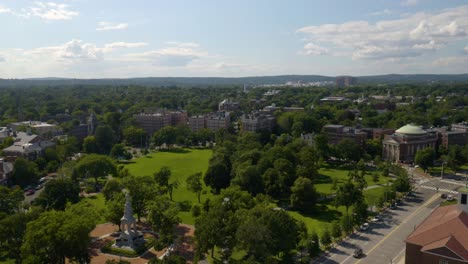 aerial establishing shot of cambridge common park on beautiful summer afternoon