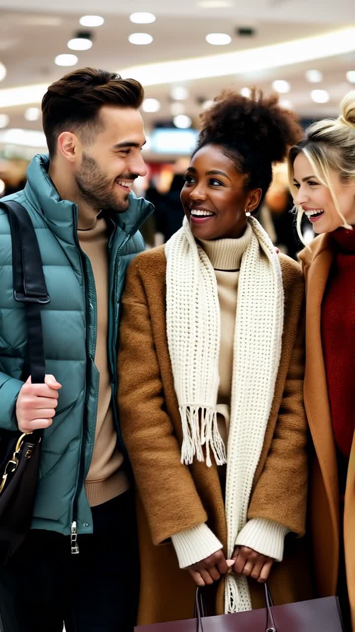 Diverse Friends Enjoying Winter Shopping Day in a Mall