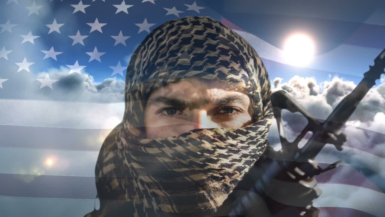 Digital animation of terrorist holding rifle against swaying American flag 4k