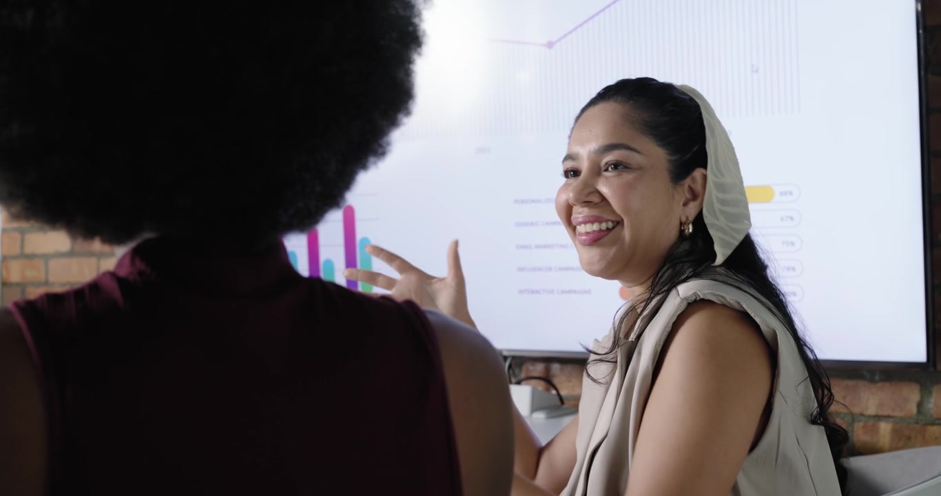 Hispanic woman gesturing toward screen after colleague question, explaining bar or line trends