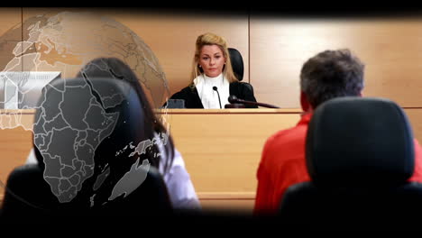 animation of spinning globe over caucasian female judge during lawsuit