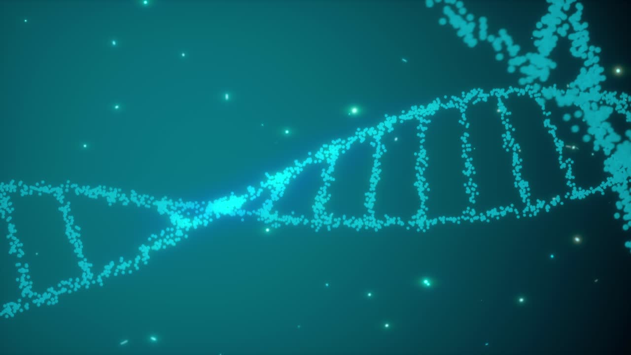 animación renderizada en 3d de una molécula de adn giratoria que brilla sobre un fondo azul. concepto de genética