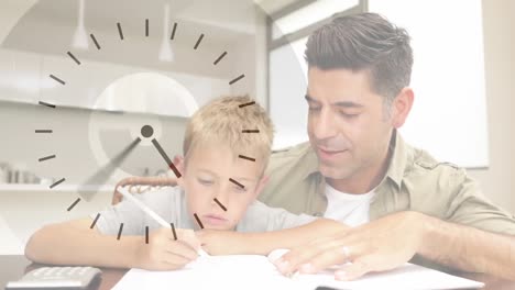 animación de un hombre caucásico y su hijo haciendo tareas escolares juntos sobre un reloj en movimiento