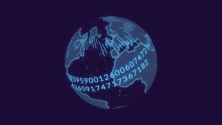 Animation of data processing over spinning globe against blue background