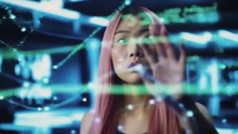 a futuristic scene featuring a woman interacting with holographic data displays, showcasing advanced technology and digital information in a high-tech environment