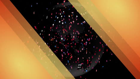 colorful confetti animation over dark globe with golden diagonal stripes