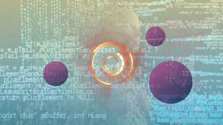 Animation of purple shapes over scope scanning with data processing on green background