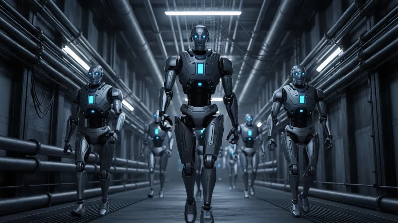 A Futuristic Squad of Advanced Robots Marching Through a Dimly Lit Industrial Corridor, Showcasing Their Sleek Design and Cutting-Edge Technology in Motion