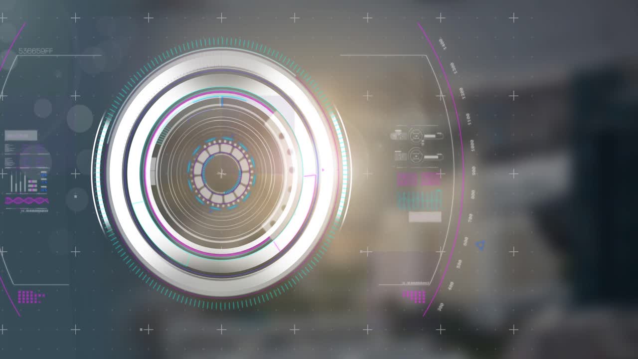 Animazione di elaborazione dati e scansione di mirino su sfondo sfocato.