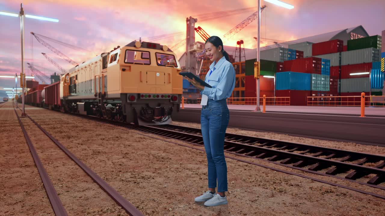 Full Body Side View Of Asian Female With Her Tablet With Freight Cargo Train At Port, Working Continuously With Her Tablet