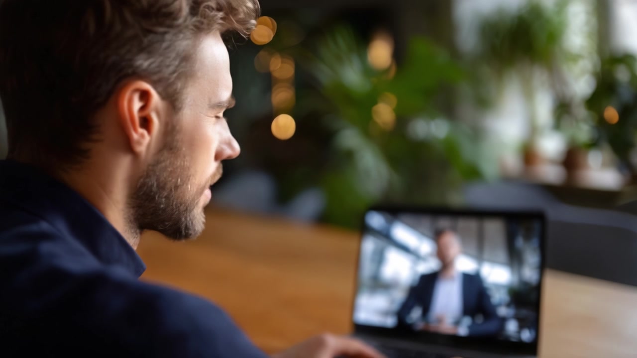 Focused Man Engaged in Online Meeting, Working Remotely with Laptop in a Cozy Space Surrounded by Indoor Plants and Soft Ambiance Lighting.