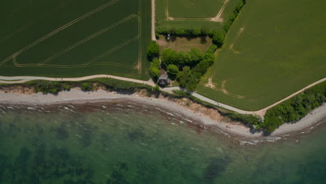 Vista-Aérea-De-Los-Pájaros-Vista-De-Arriba-Hacia-Abajo-De-La-Costa-Del-Mar-Báltico-Con-Campo-Verde,-Elevándose-Por-Encima-De-La-Azotea-De-La-Casa,-Día-Soleado