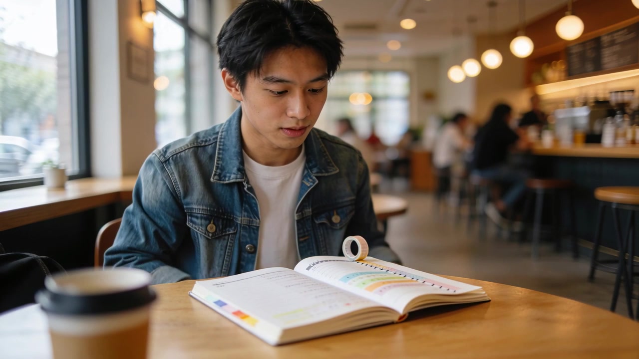 Picking tape, man in denim jacket aligning tape on open textbook, marking notes at window seat