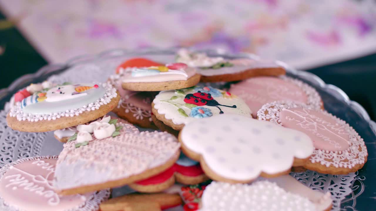 Stack of ornate cookies on a plate