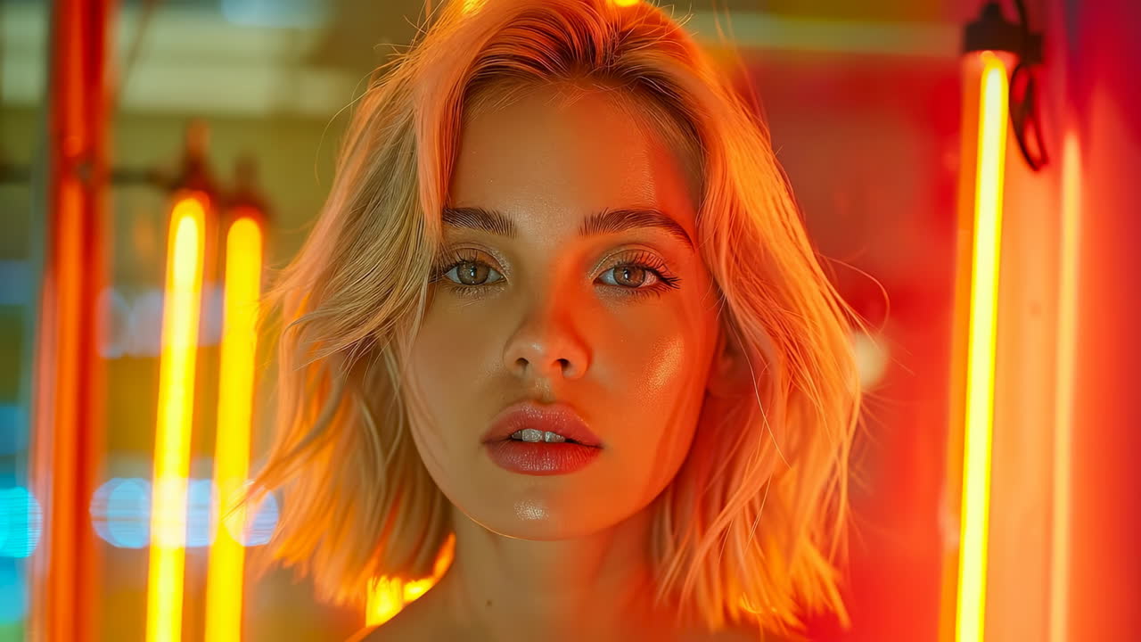 Neon glow portrait of a woman. Young woman poses with a confident smile in a vibrant setting filled with neon red lights and reflections