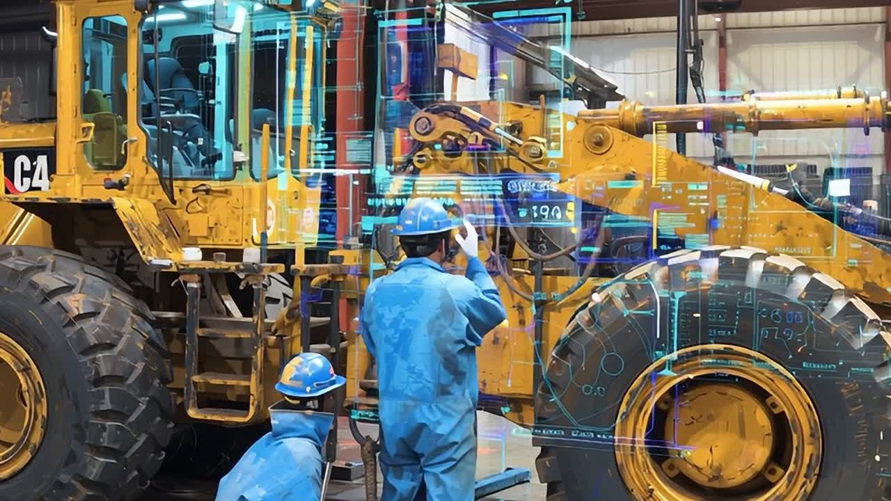 Trabalhadores reparam máquinas pesadas usando tecnologia moderna na oficina