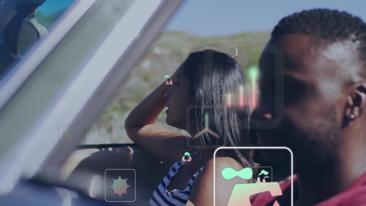 Coppia che guida una decappottabile attraverso le colline, con un grafico dati che mostra le prestazioni di marketing automobilistico.