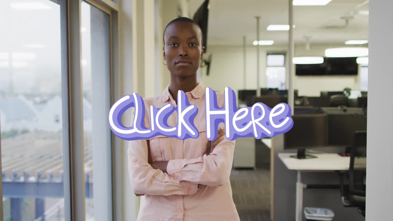 Woman standing with crossed arms in open-plan business office, with floating data charts and graphs