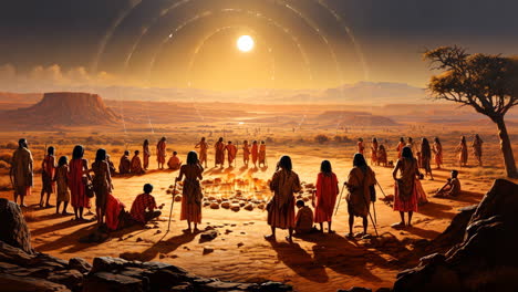 gathering around the fire at sunset in a desert landscape