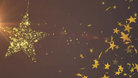 Animation-of-gold-christmas-star-bauble-swinging-and-floating-gold-stars-on-dark-background