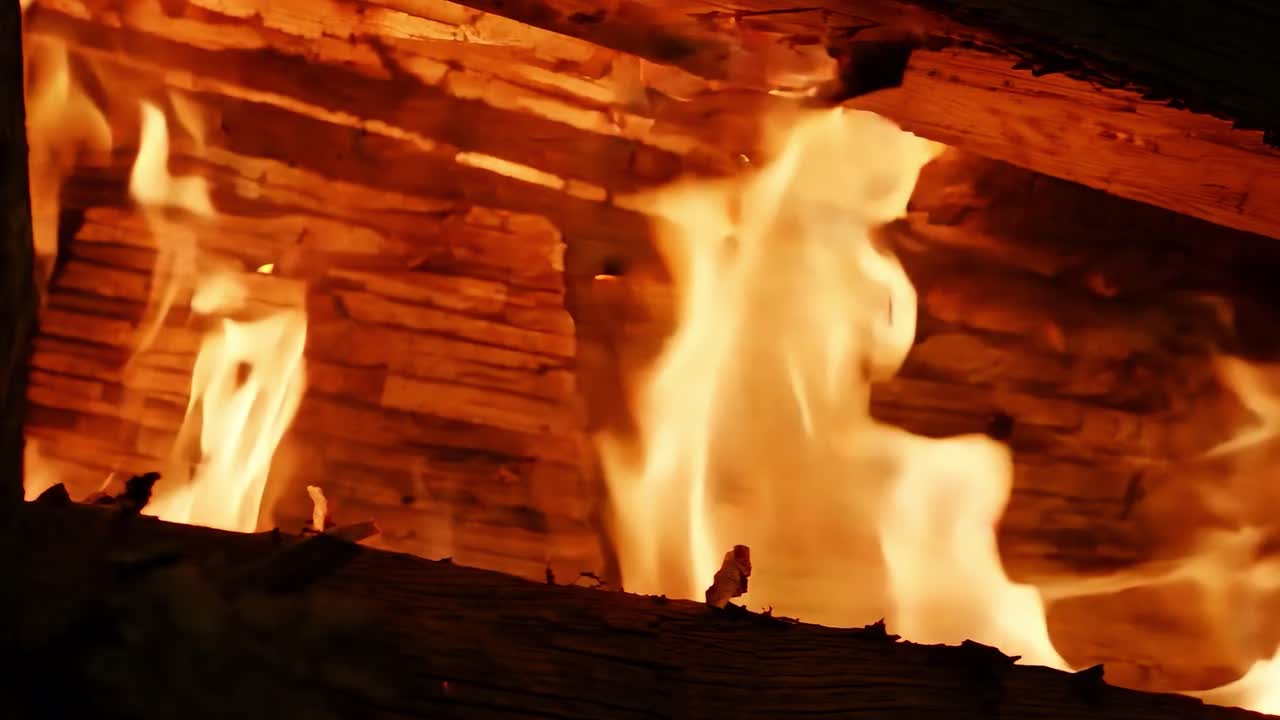 강렬한 불꽃은 불타는 불의 위험과 열을 보여주는 목조 구조물을 삼키고 있습니다. 화재 안전 및 비상 테마에 이상적입니다.