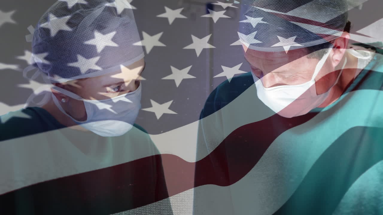 수술실 에서 외과의사 위 에 흔들리는 미국 국기 의 애니메이션