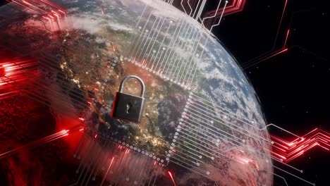 digital padlock over earth highlighting north and central america with glowing red cyber network lines and data flow circuits. futuristic 3d rendering. internet security and global data protection