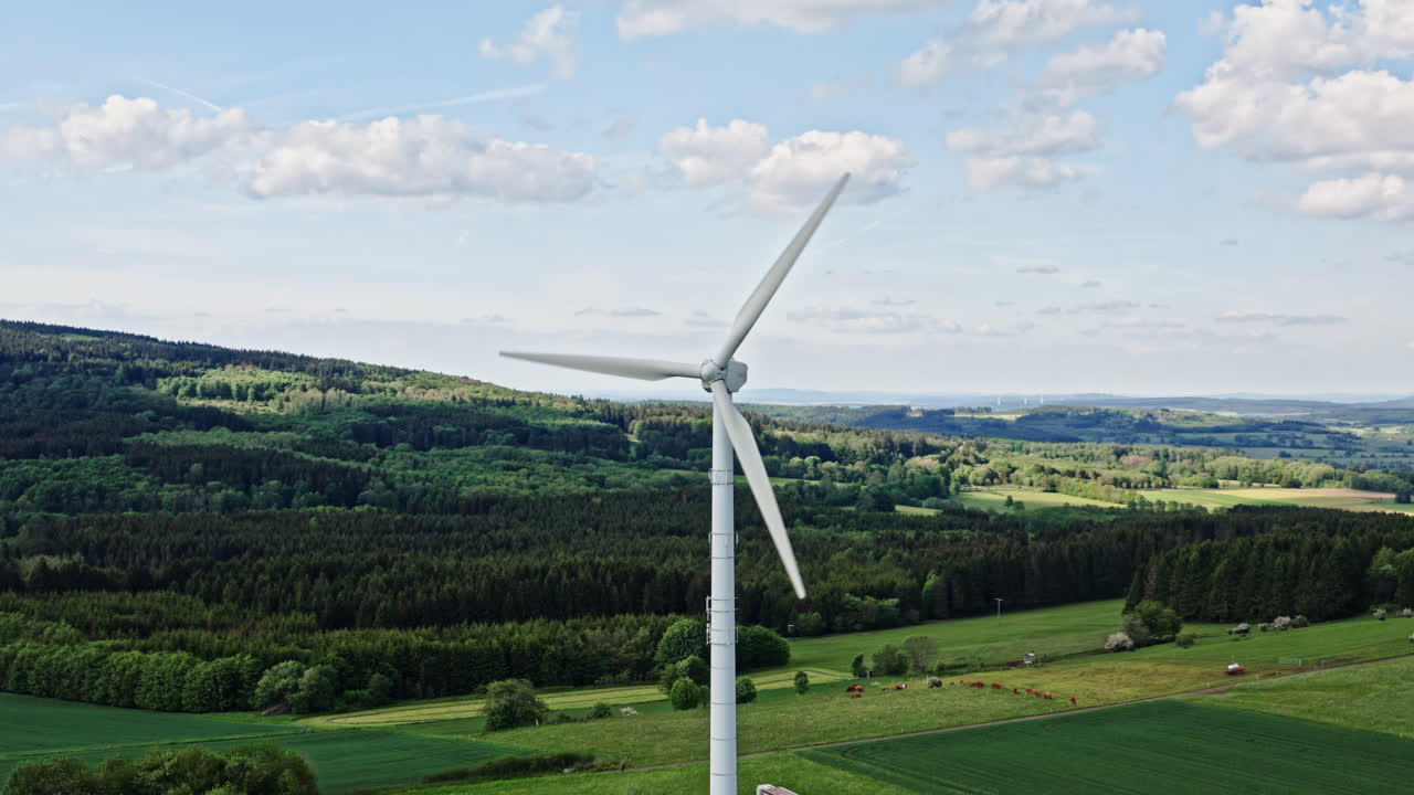 Drone flight over a wind power plant in germany