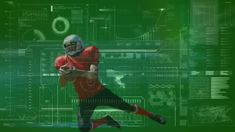 Animation-of-american-football-player-over-processing-circles-and-diverse-data-on-green-background