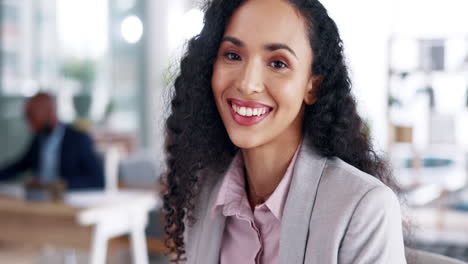 business, face and happy with woman in office