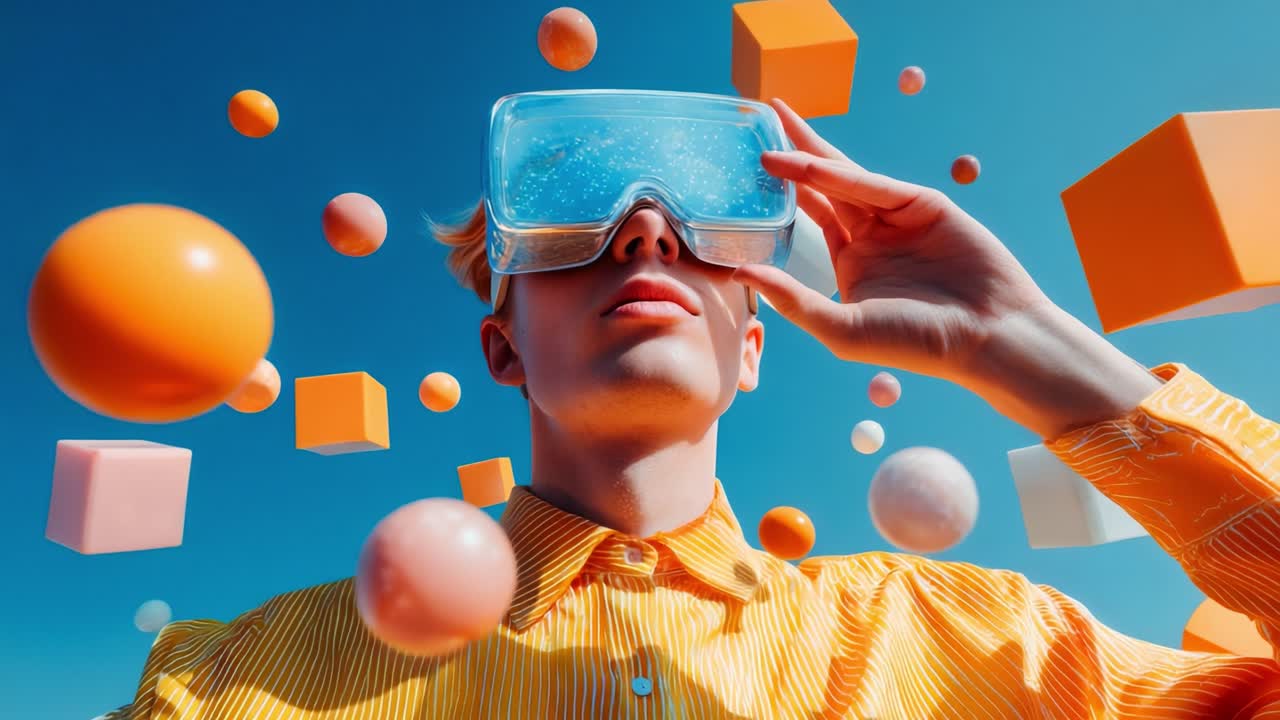 An Engaging Exploration into the World of Virtual Reality: A Young Individual Immersed in a Colorful Digital Sphere Surrounded by Geometric Shapes and Floating Objects