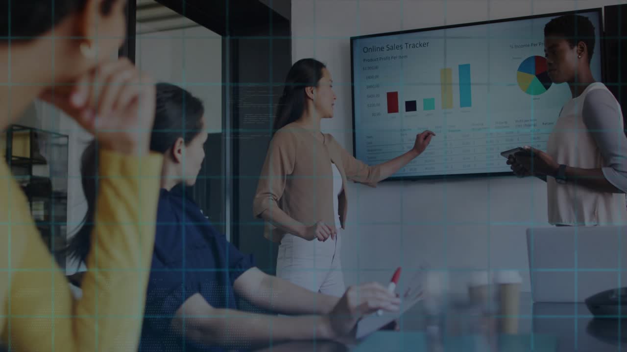 Presenter pointing at screen in business meeting, HUD expanding from center and highlighting charts