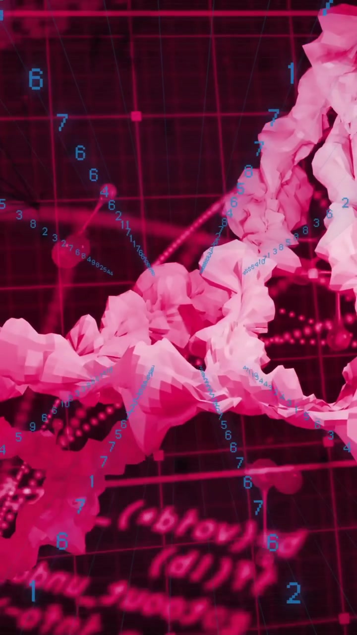 Animazione di una doppia elica di DNA e analisi di dati numerici su uno sfondo a griglia rossa