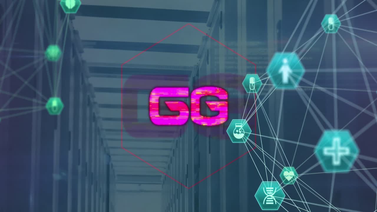 animación de texto 6g y red de conexiones con iconos sobre la sala del servidor
