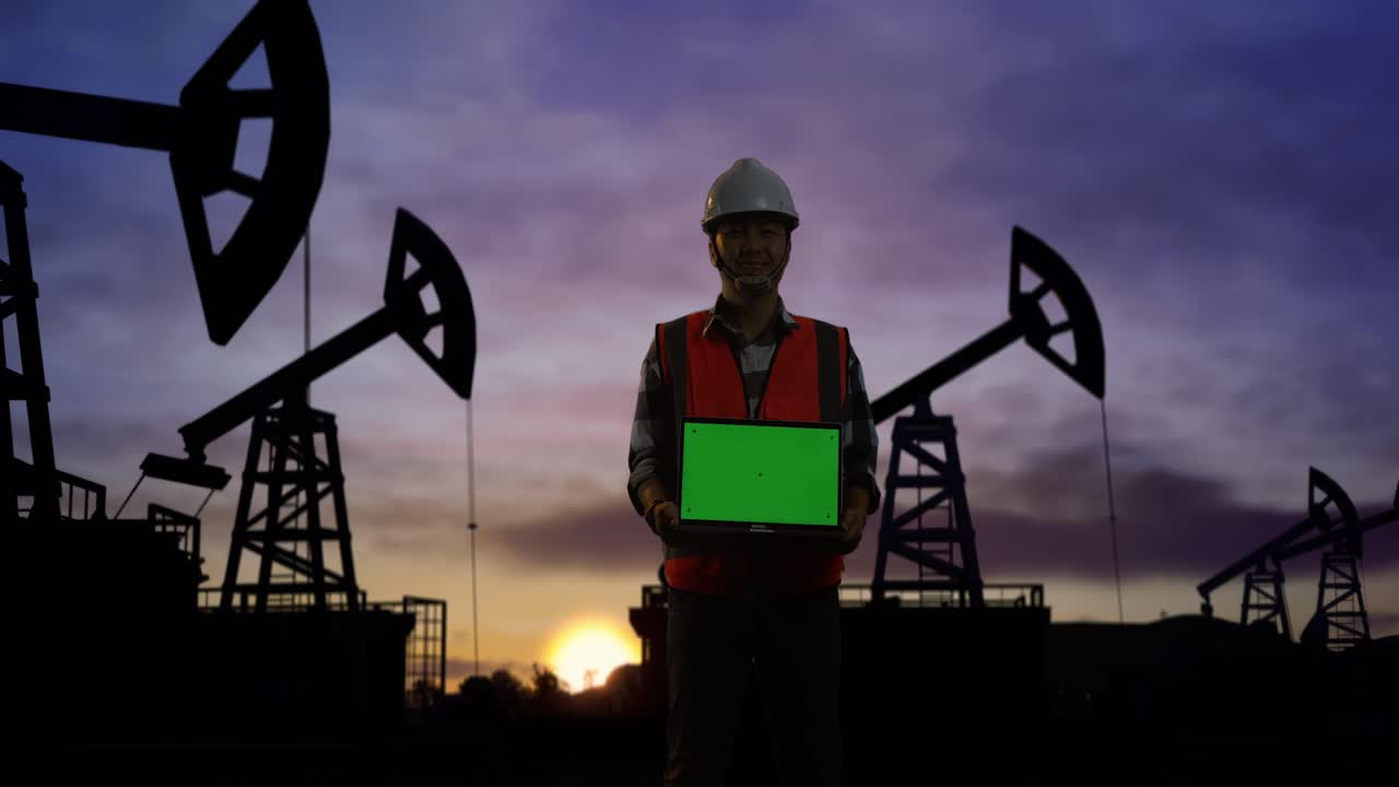 ingeniero masculino asiático con casco de seguridad sonriendo y mostrando una computadora portátil de pantalla verde a la cámara mientras está de pie frente a las bombas de aceite, durante la puesta o el amanecer