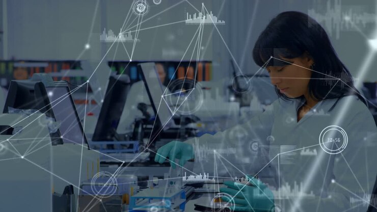 Network of connections against biracial female scientist working at the laboratory