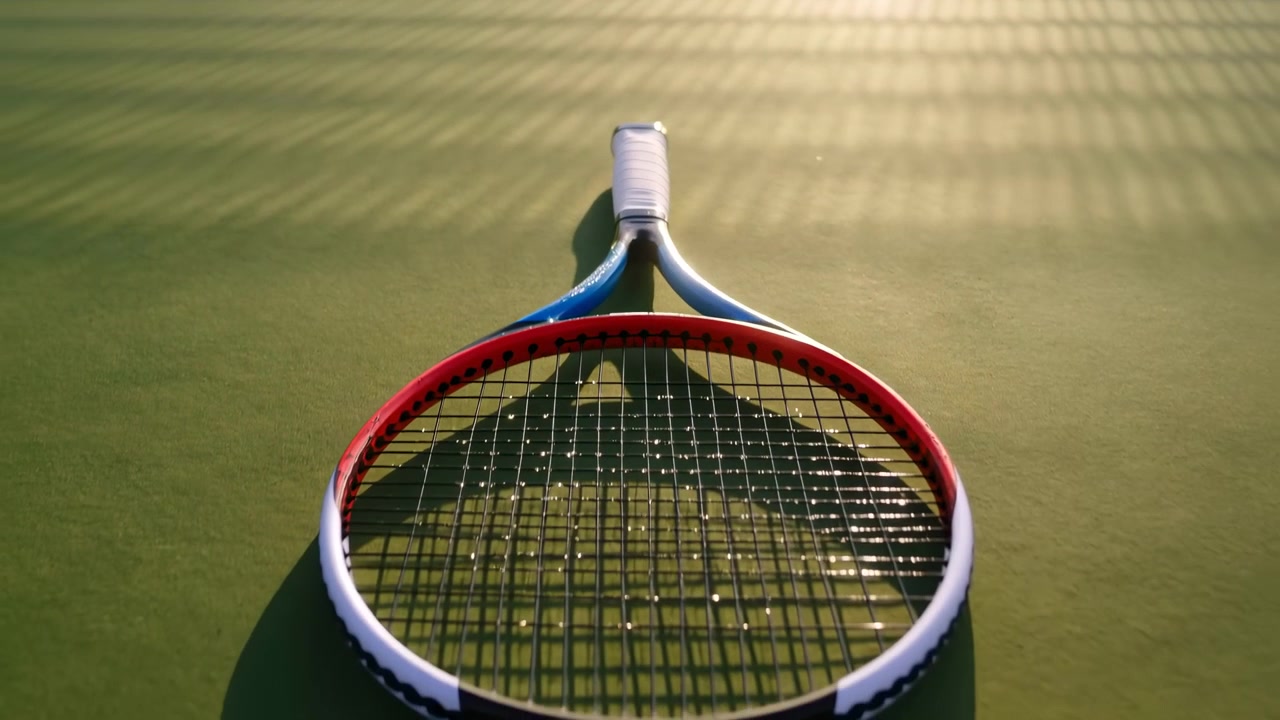 Close view shows tennis racket lying on textured green court with changing perspective, visible strings, handle, shadows, and bright daylight highlighting sports gear composition.