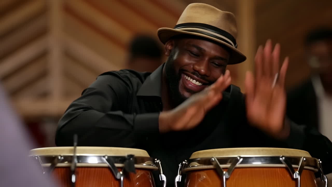 Happy Man Playing Conga Drums with Joyful Expression