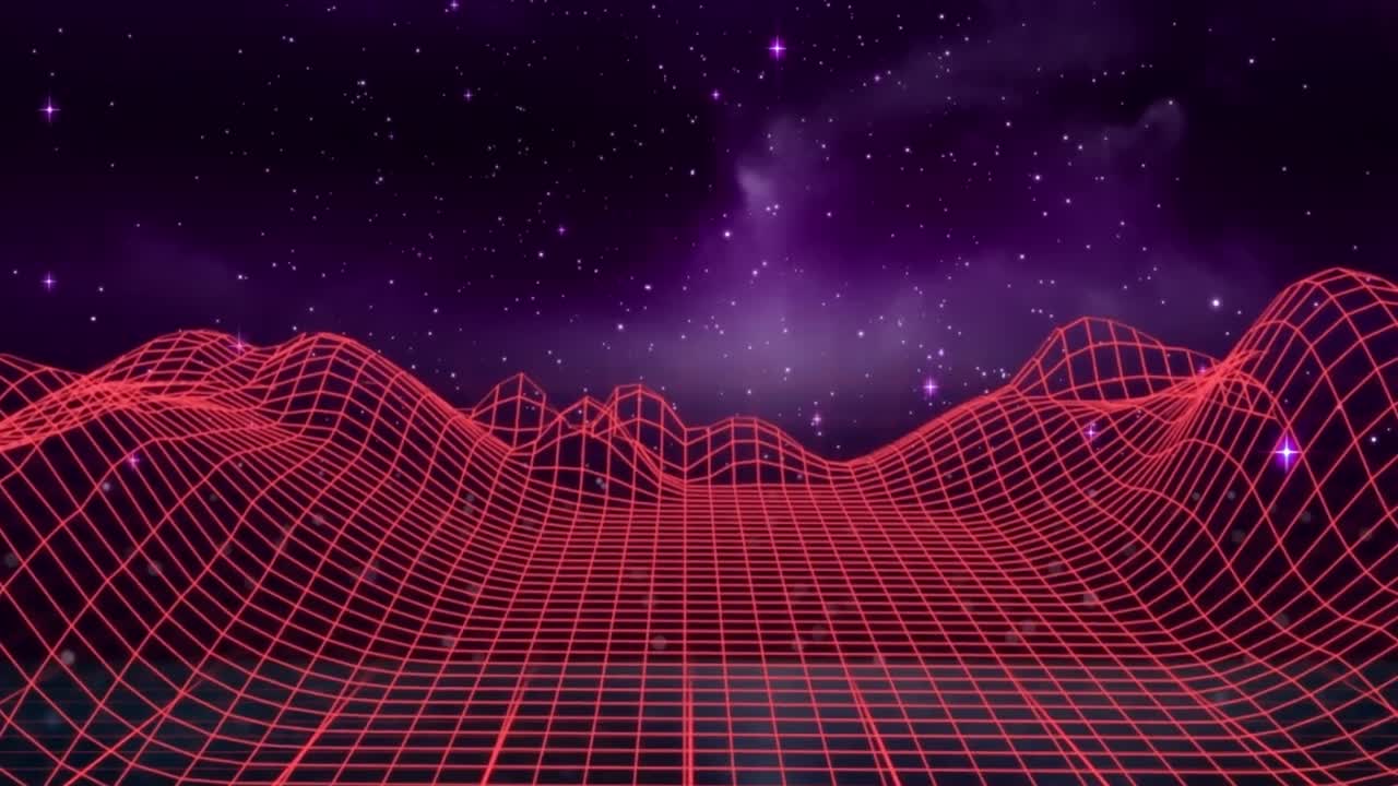 Animation of shine text in white over red digital landscape and cosmos
