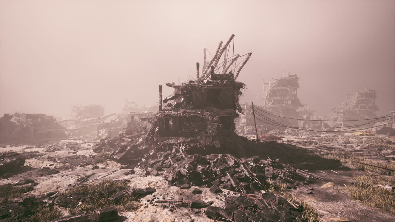 Devastated city landscape in ruins after extensive military conflict