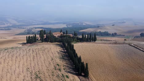 great aerial top view flight morning fog tuscany valley italy fall 23