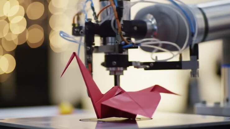 Um Braço Robótico Cria Elegantemente um Grou de Origami Vermelho, Mostrando Tecnologia Avançada em Arte e Artesanato de Precisão Através de Criação Automatizada.