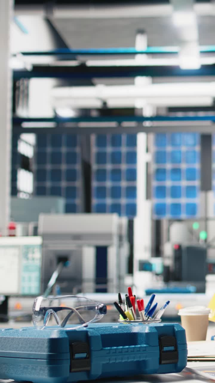 Vertical Video Empty engineering workspace in a high tech solar panels factory