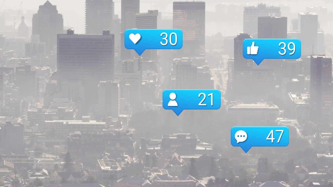 소셜 미디어 아이콘의 애니메이션과 도시 풍경에 대한 데이터 처리