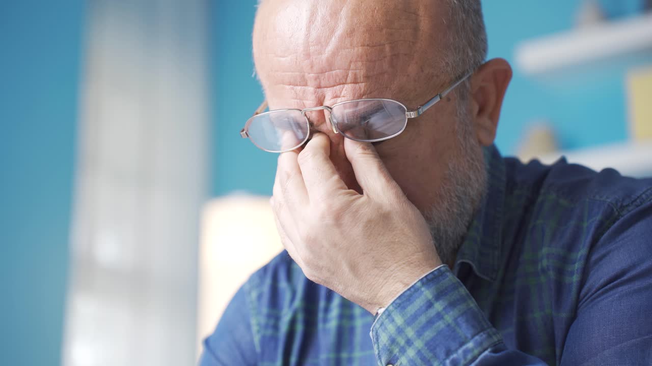 hombre anciano con discapacidad visual usa gafas.